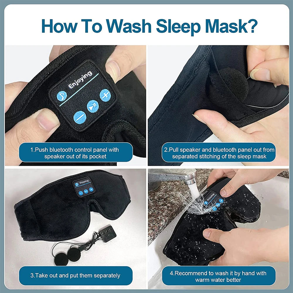 Instructions on how to wash a Bluetooth sleep mask with images and text.