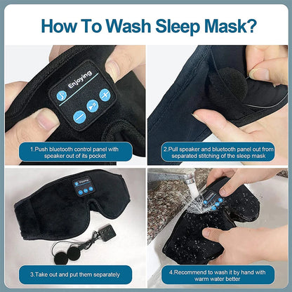 Instructions on how to wash a Bluetooth sleep mask with images and text.