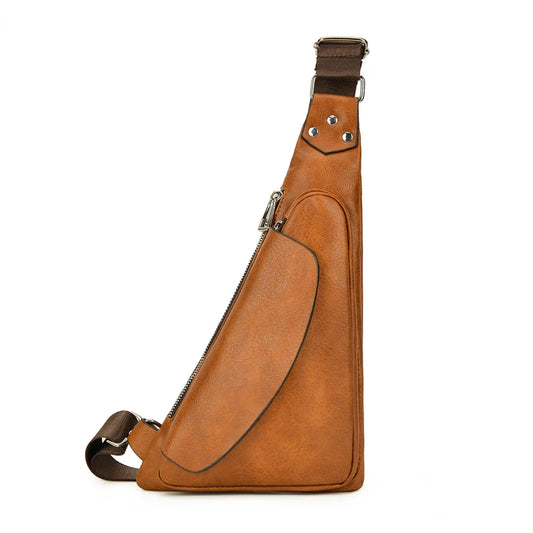 Brown leather sling bag on a white background