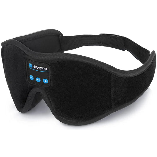 Black sleep mask with Bluetooth control panel on a white background