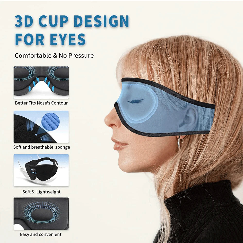 Woman wearing a blue sleep mask with text highlighting features on a white background