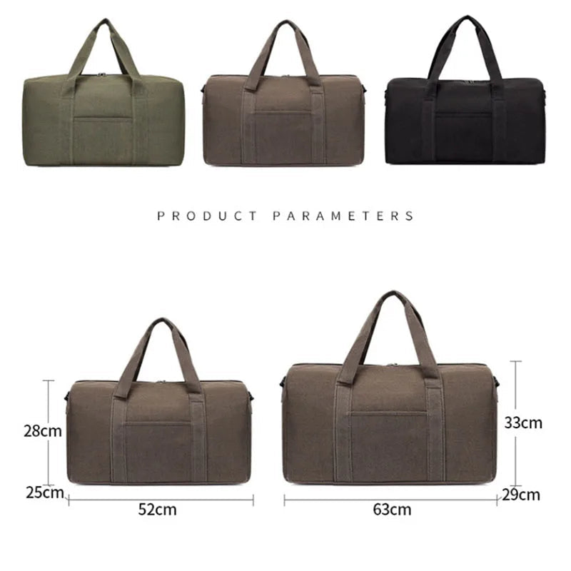 Three duffel bags in different colors with dimensions displayed below.