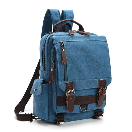 Blue backpack with brown straps on a white background