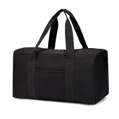 Black duffel bag with straps on a white background