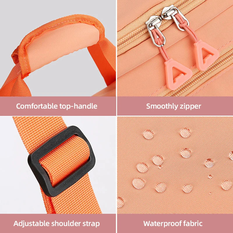 Product features including a comfortable top-handle, smoothly zipper, adjustable shoulder strap, and waterproof fabric on an orange bag.