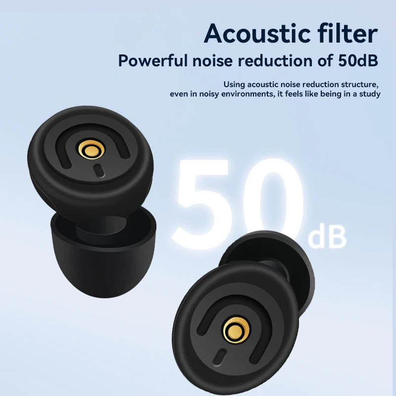 Black acoustic filters with gold accents on a light blue background, highlighting noise reduction feature.