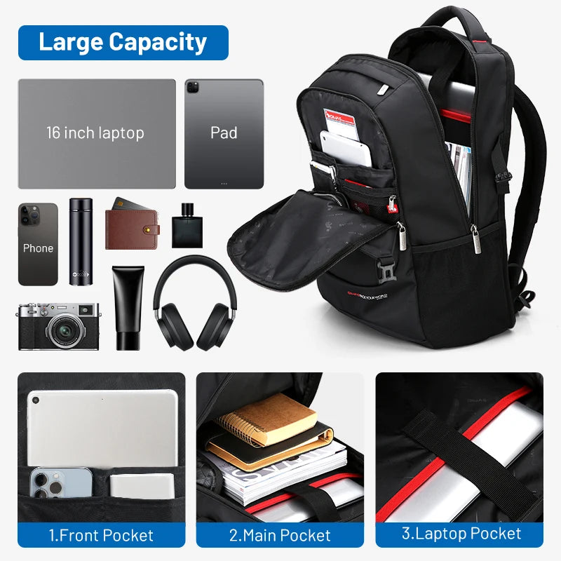 Black backpack with various compartments and items on a white background