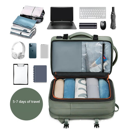 Green travel backpack with organized compartments filled with travel items on a white background