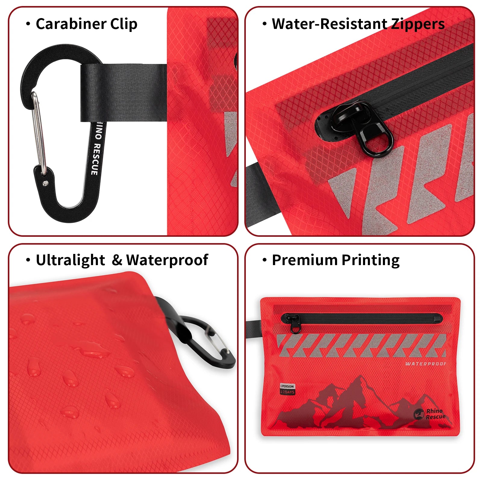 Red pouch with carabiner clip, water-resistant zippers, ultralight & waterproof features, and premium printing.