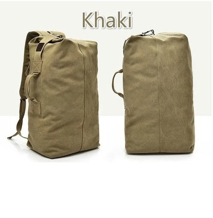 Khaki backpack and duffel bag on a white background with 'Khaki' text.