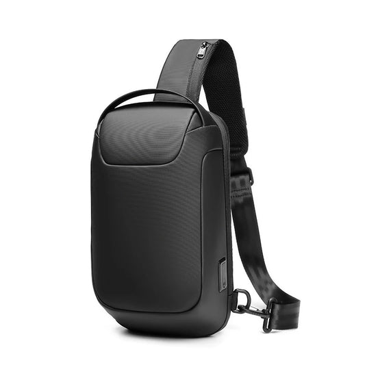 Black sling bag with a strap on a white background