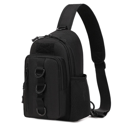 Black sling bag with multiple pockets and straps on a white background