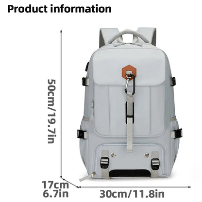 Gray backpack with dimensions indicated on a white background