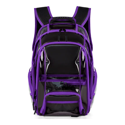 Purple and black backpack on a white background