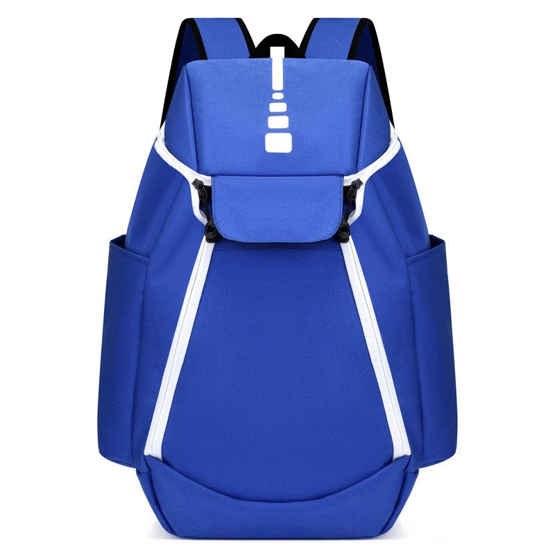 Blue backpack with white accents on a white background