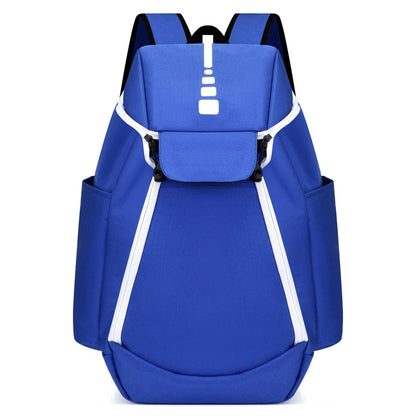 Blue backpack with white accents on a white background