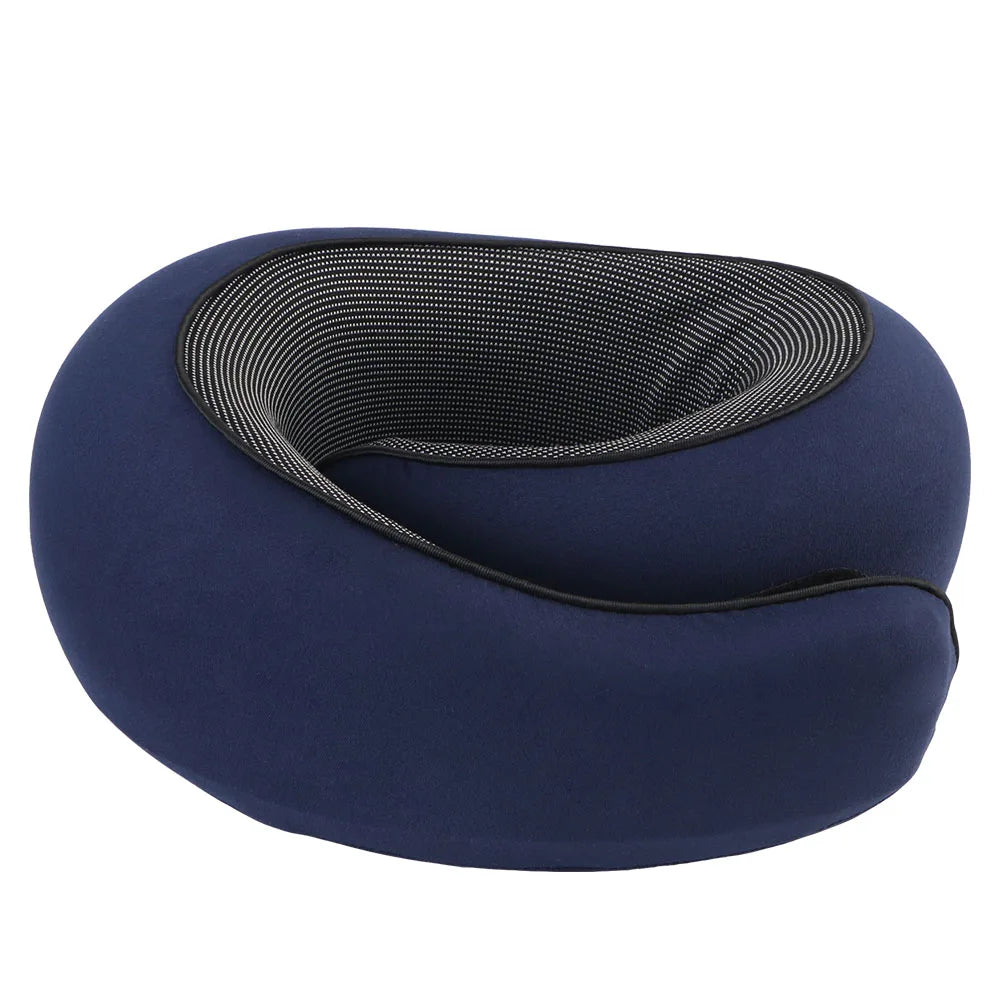 Blue neck pillow with mesh back on a white background