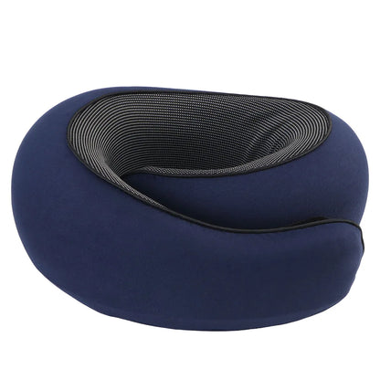 Blue neck pillow with mesh back on a white background