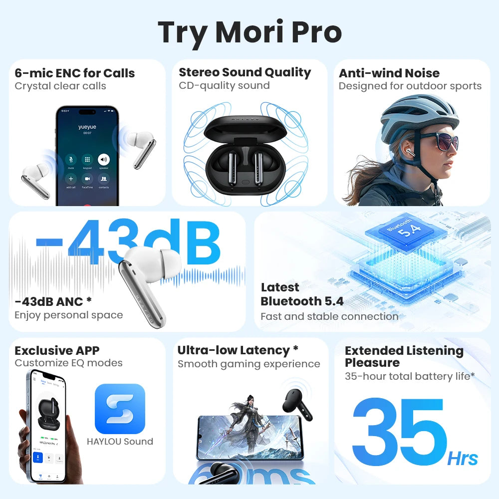Promotional graphic for Mori Pro earbuds highlighting features like stereo sound quality, anti-wind noise, and extended battery life.