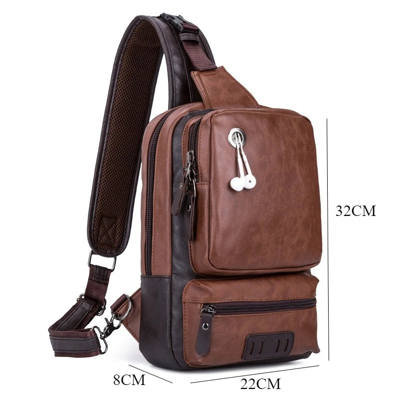 Brown leather sling bag with measurements on a white background