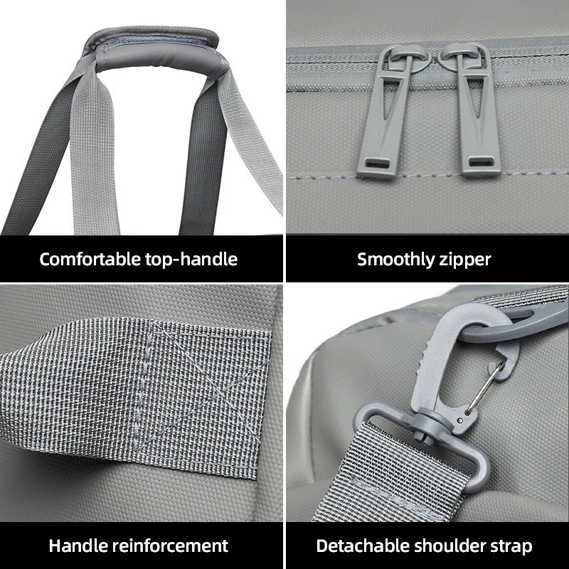 Gray bag with features highlighted including top handle, zipper, handle reinforcement, and shoulder strap.