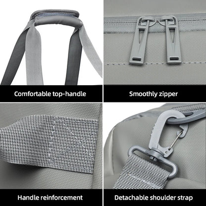 Gray bag with features highlighted including top handle, zipper, handle reinforcement, and shoulder strap.