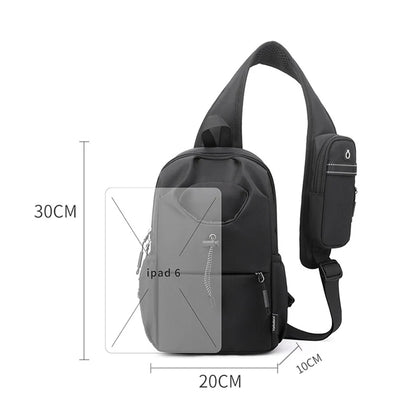 Black and gray sling bag with measurements on a white background