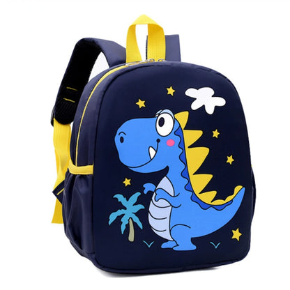 Children's backpack with a blue dinosaur design on a white background