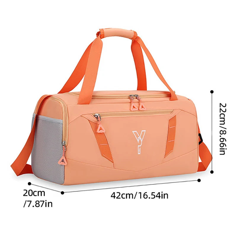 Orange duffel bag with measurements on a white background