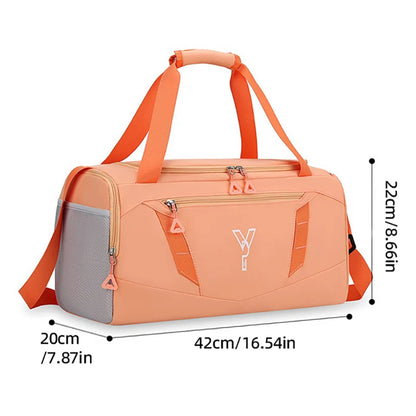 Orange duffel bag with measurements on a white background