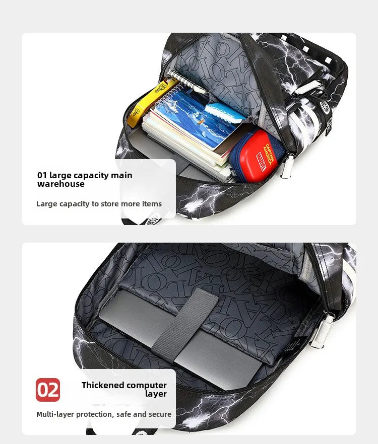Backpack with large capacity main compartment and thickened computer layer, showing items inside.