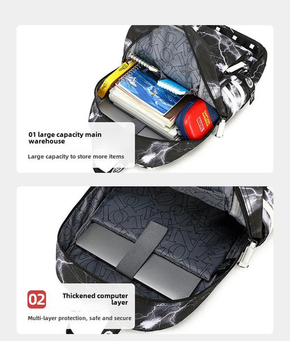 Backpack with large capacity main compartment and thickened computer layer, showing items inside.