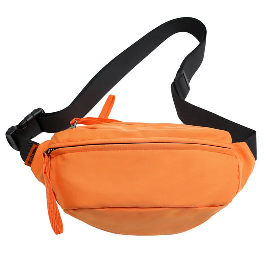 Orange waist bag with a black strap on a white background