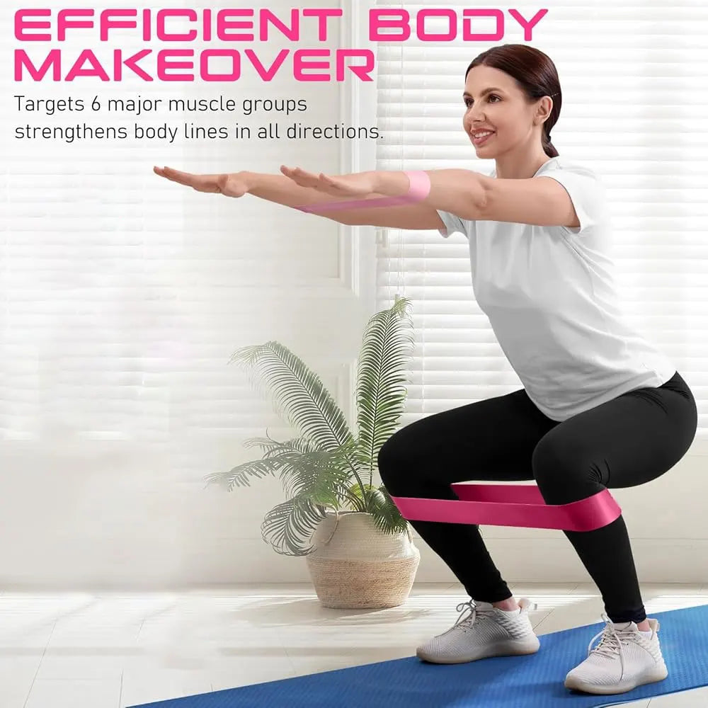 Woman exercising with a pink resistance band in a home setting, with text about efficient body makeover.