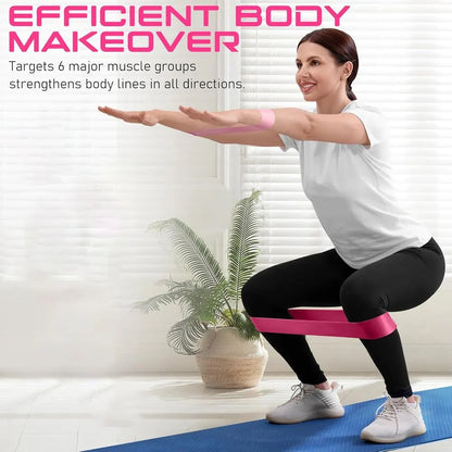 Woman exercising with a pink resistance band in a home setting, with text about efficient body makeover.