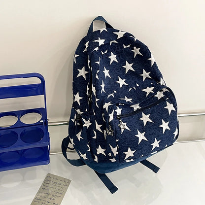 Navy blue backpack with white star pattern on a white surface