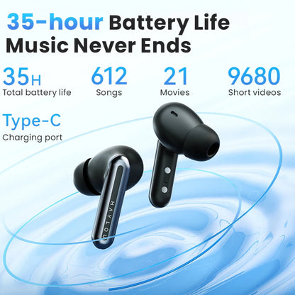 Wireless earbuds with battery life and charging port information on a white background