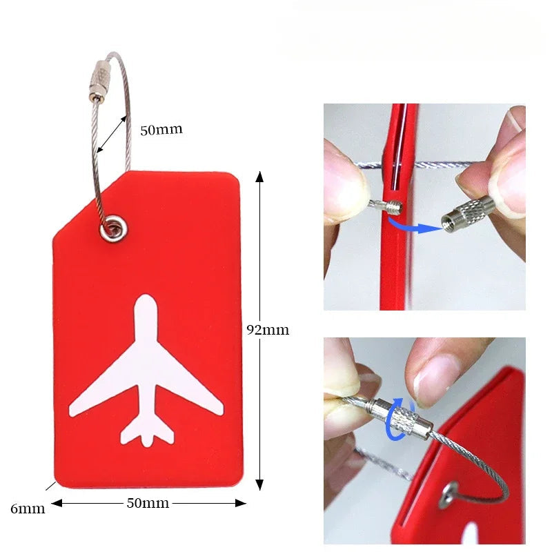 Red luggage tag with airplane design and measurements, showing how to use a tool on it.