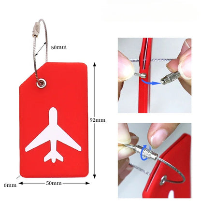 Red luggage tag with airplane design and measurements, showing how to use a tool on it.