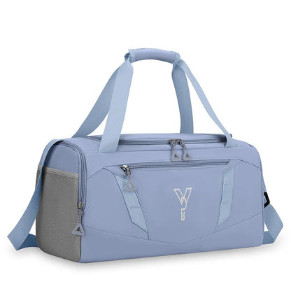 Light blue duffel bag with a visible brand logo on a white background