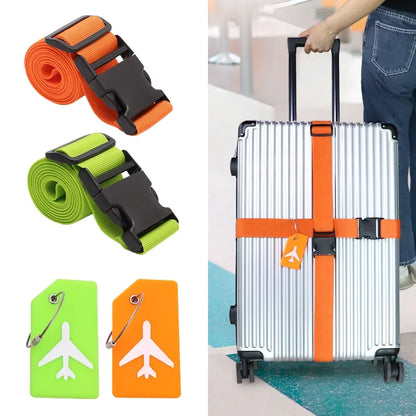 Luggage straps and tags with a suitcase being secured, set against a neutral background.