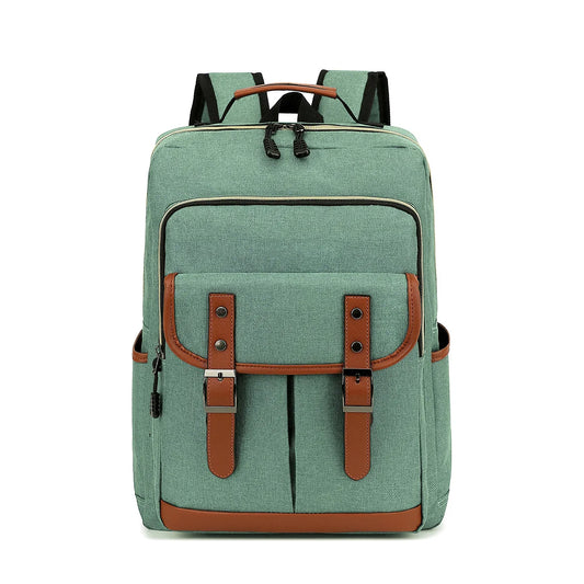 Green backpack with brown accents on a white background