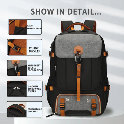 Backpack with features highlighted on a gray background