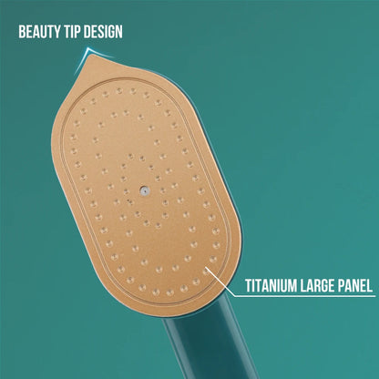 Illustration of a shower head with beauty tip design and titanium large panel on a teal background