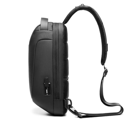 Black backpack with USB port on a white background