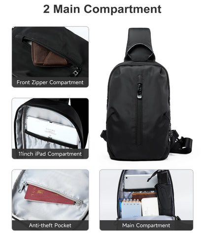 Black sling bag with various compartments and features highlighted on a white background.