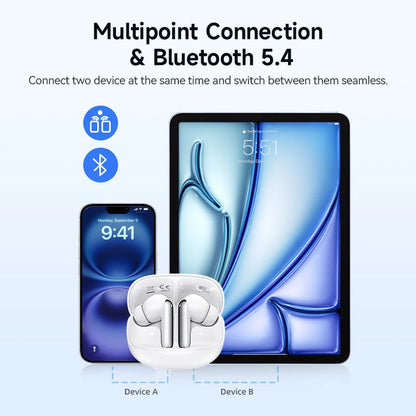 Smartphone, tablet, and earbuds with text about multipoint connection and Bluetooth 5.4 on a white background.