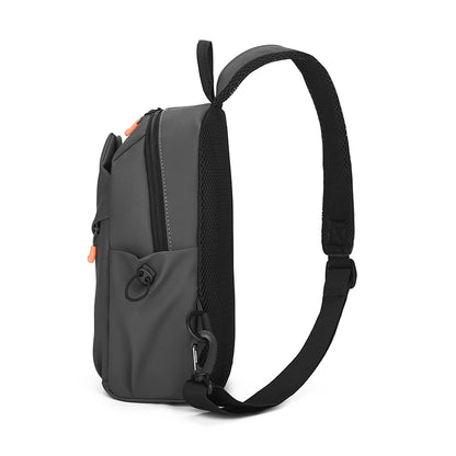 Gray backpack with a black strap on a white background