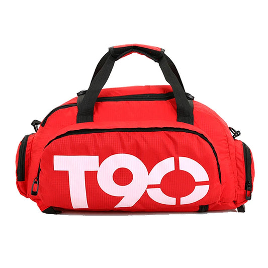 Red duffel bag with 'T90' logo on a white background