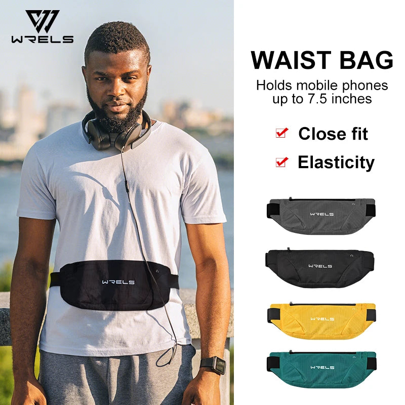 Man wearing a waist bag with WRELS branding, featuring product details on a clear background.